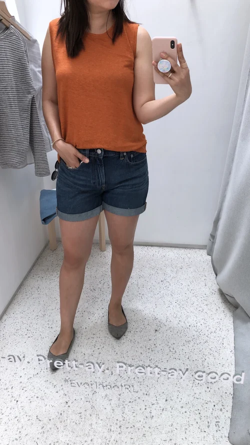 Everlane Try on Review The Denim Short The Linen Relaxed Long Sleeve Tee The High Rise Twill Short The Cheeky Straight Jean Fairly Curated